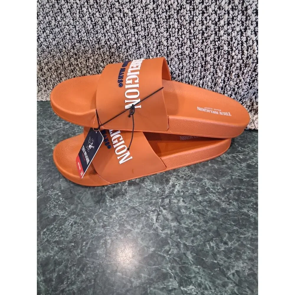 True Religion TR Weezy Slides Mens Size 10 Orange White Slip On Sandals NWT